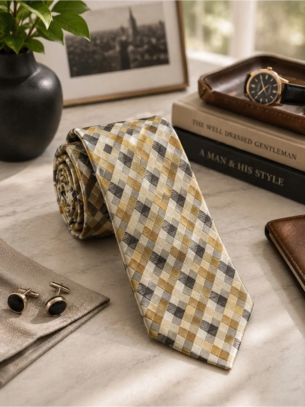 Croft & Barrow Silk Tie Gold Gray Geometric Office Career Neck Tie NWT